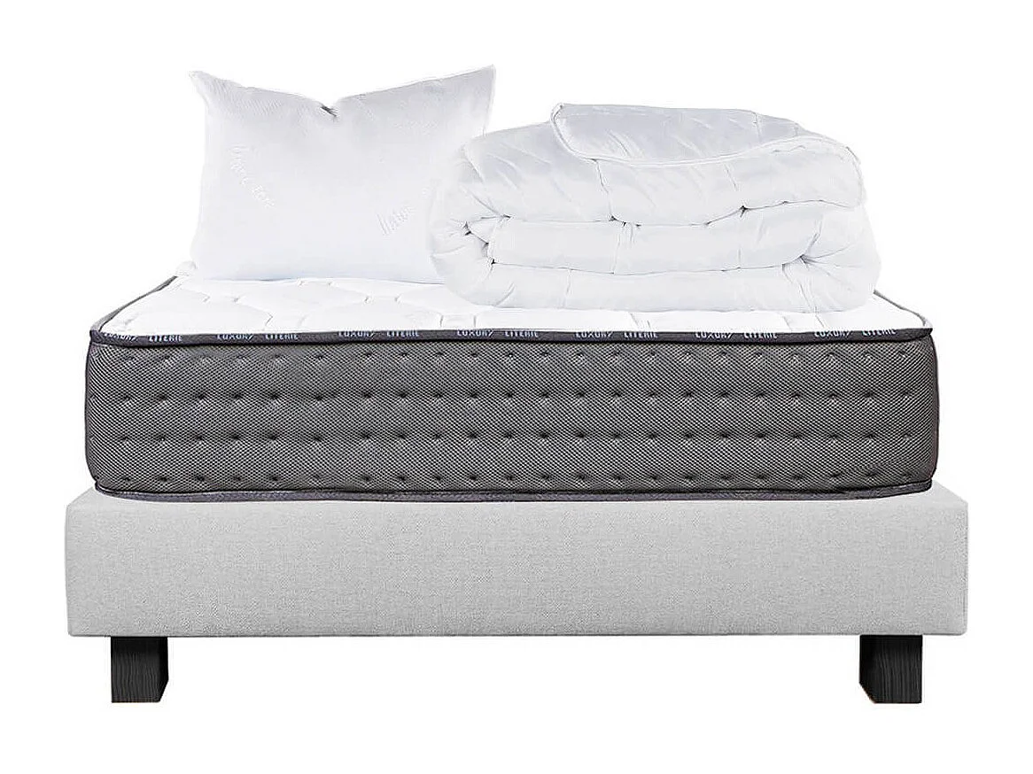 ZENITH - Pack Matelas + Sommier Tapissier Gris 90x190 cm + 1 Oreillers + 1 Couette