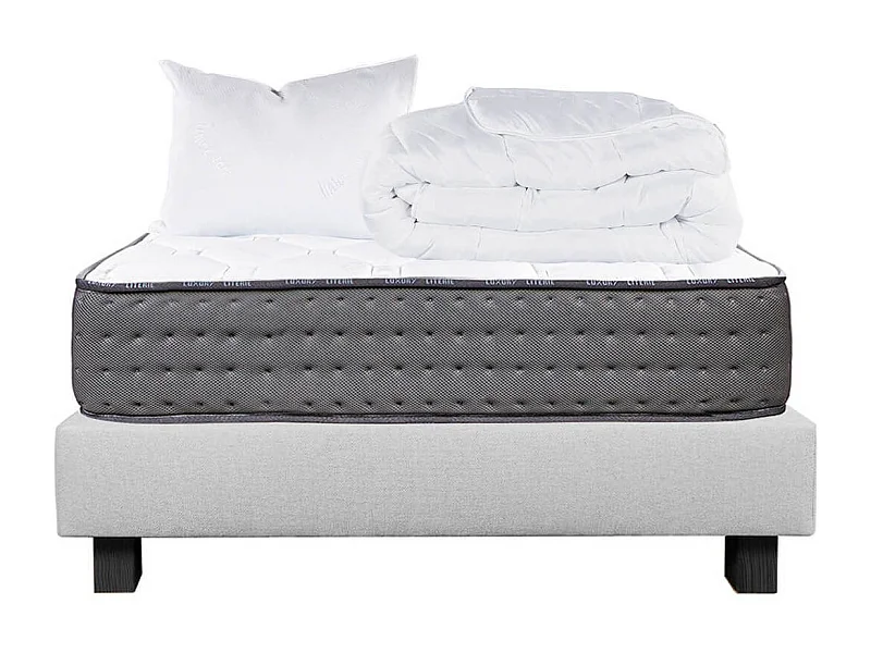 ZENITH - Pack Matelas + Sommier Tapissier Gris 90x190 cm + 1 Oreillers + 1 Couette