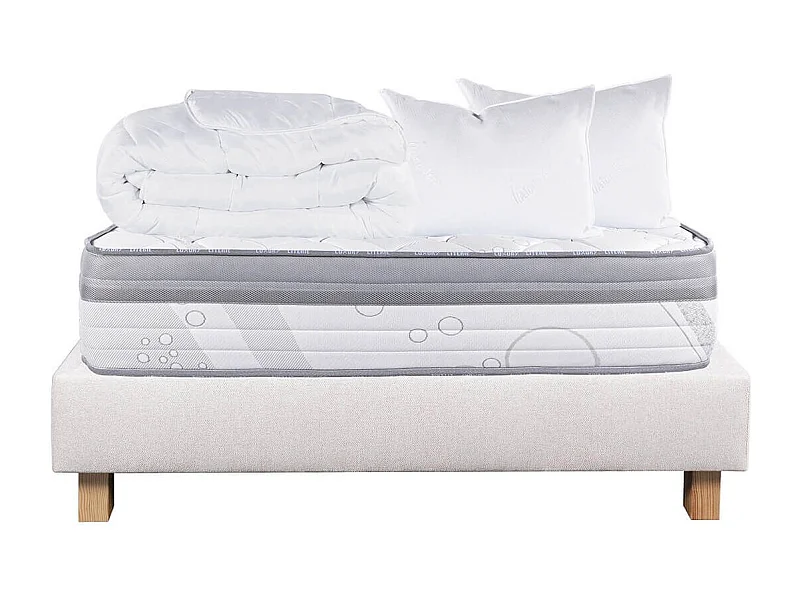 REINALD - Pack Matelas + Sommier Tapissier Beige 140x190 cm + 2 Oreillers + 1 Couette