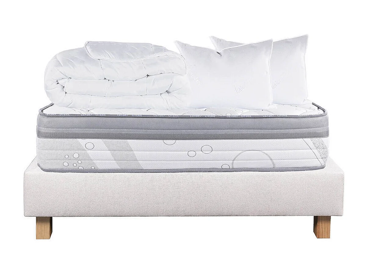REINALD - Pack Matelas + Sommier Tapissier Beige 140x190 cm + 2 Oreillers + 1 Couette