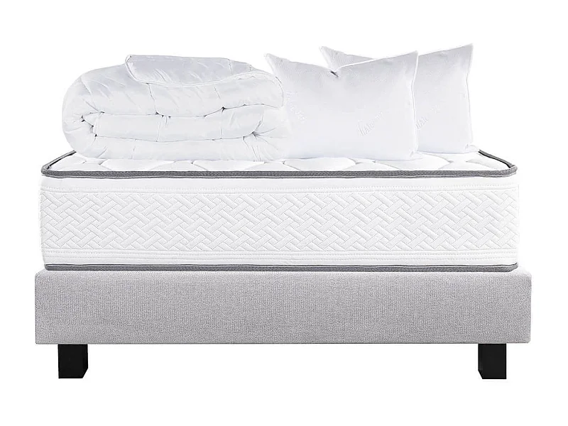 IZAC - Pack Matelas + Sommier Tapissier Gris 140x200 cm + 2 Oreillers + 1 Couette
