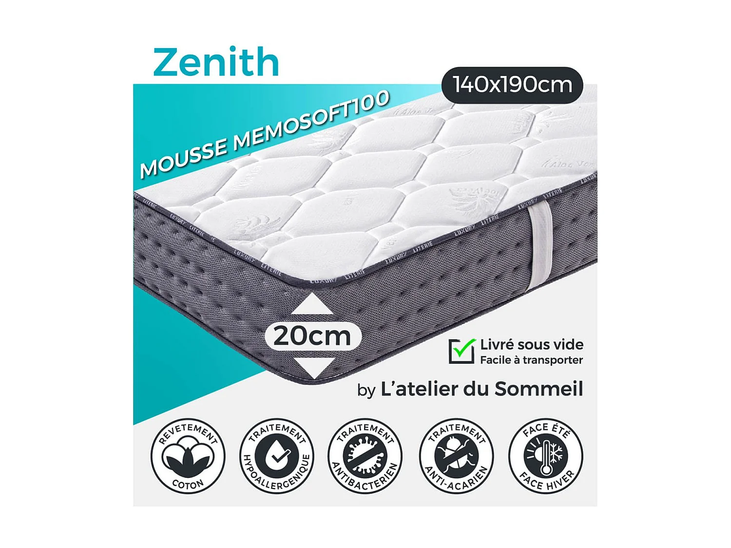 ZENITH - Pack Matelas + Sommier Tapissier Gris 140x190 cm + 2 Oreillers + 1 Couette