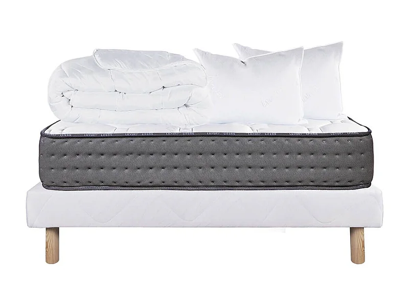 ZENITH - Pack Matelas  + Sommier Tapissier Blanc 160x200 cm + 2 Oreillers + 1 Couette