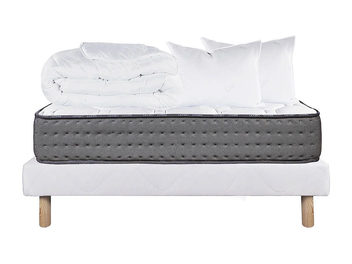 ZENITH - Pack Matelas  + Sommier Tapissier Blanc 160x200 cm + 2 Oreillers + 1 Couette