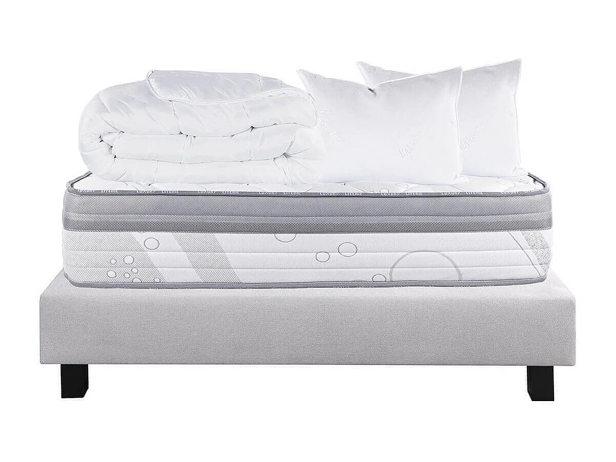 REINALD - Pack Matelas + Sommier Tapissier Gris 140x190 cm + 2 Oreillers + 1 Couette