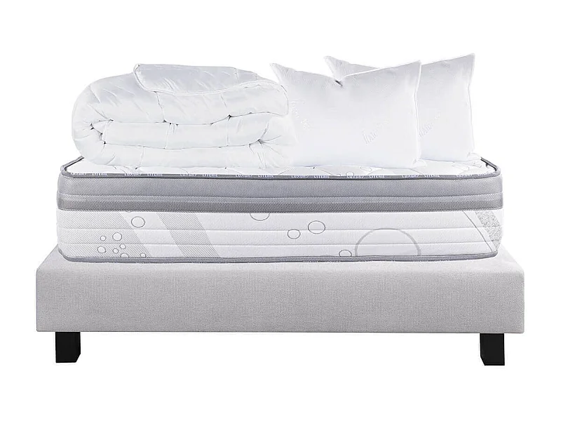 REINALD - Pack Matelas + Sommier Tapissier Gris 140x190 cm + 2 Oreillers + 1 Couette