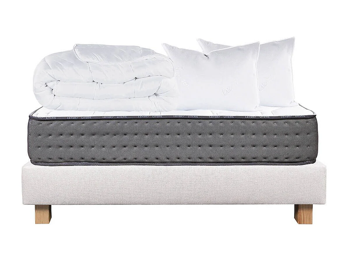 ZENITH - Pack Matelas + Sommier Tapissier Beige 160x200 cm + 2 Oreillers + 1 Couette