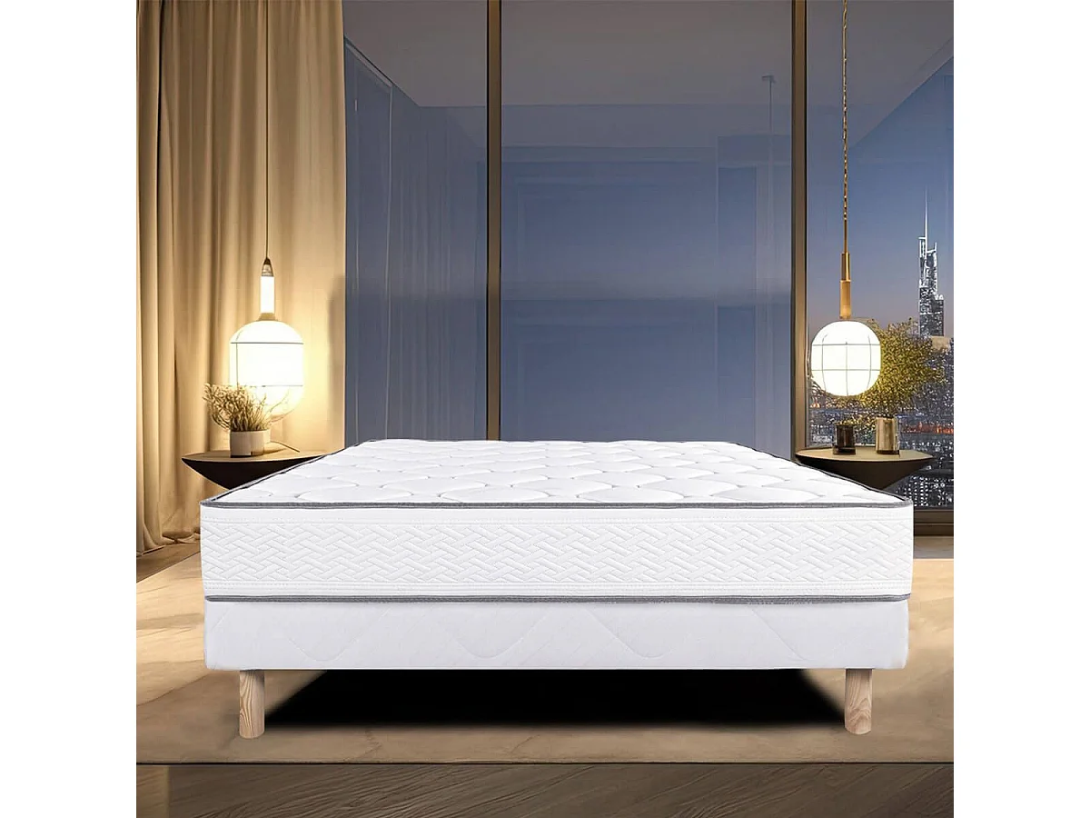 IZAC - Ensemble Matelas Mousse Ep.20cm + Sommier Tapissier Blanc 160x200 cm