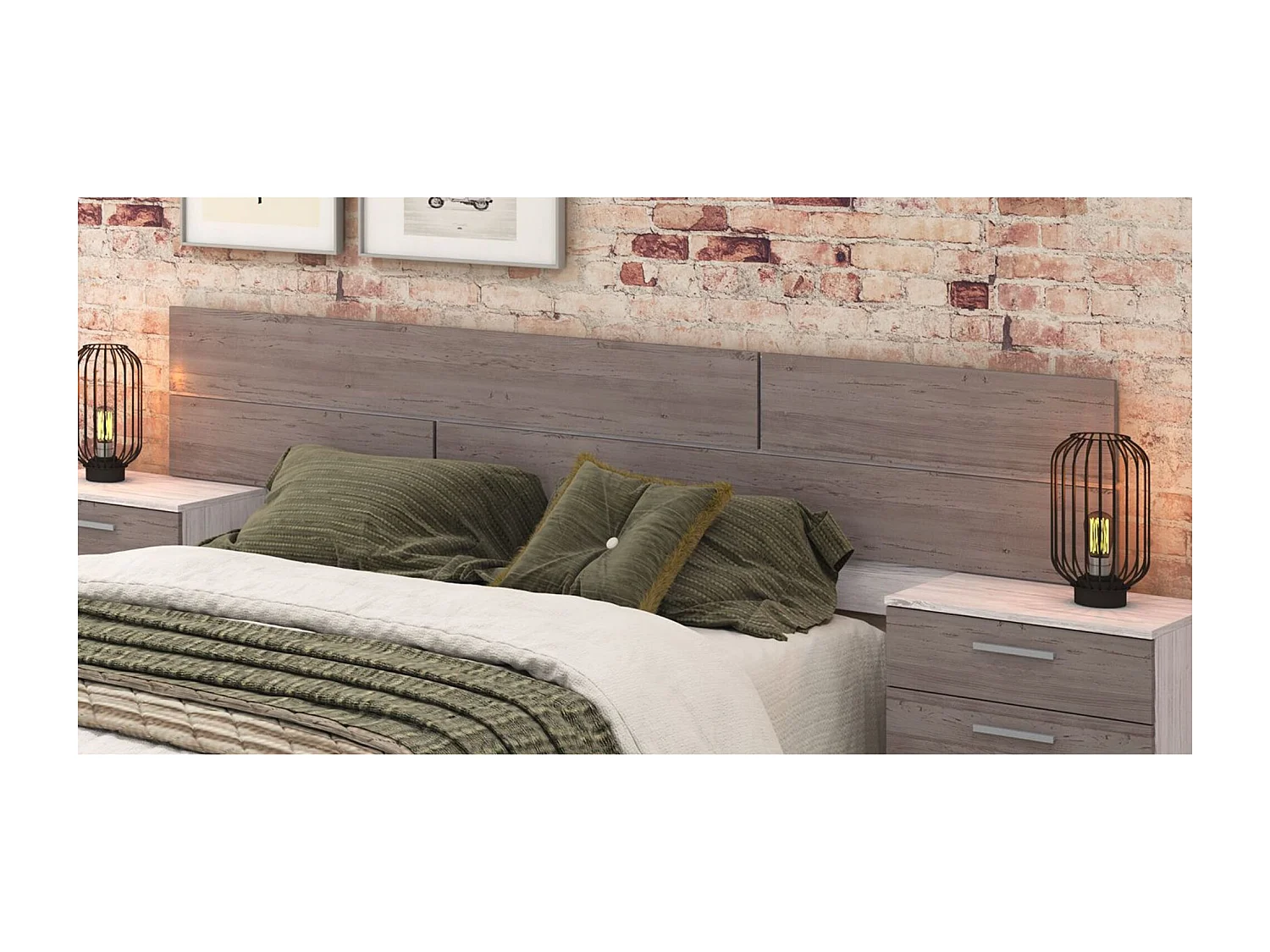 Pack Cabecero y 2 Mesitas de Noche, Dormitorio Doble, Dormitorio Completo, Acabado Pino Gris, 220 cm (An)x50 cm(Al)x 35 cm(Fon) - Meyvaser