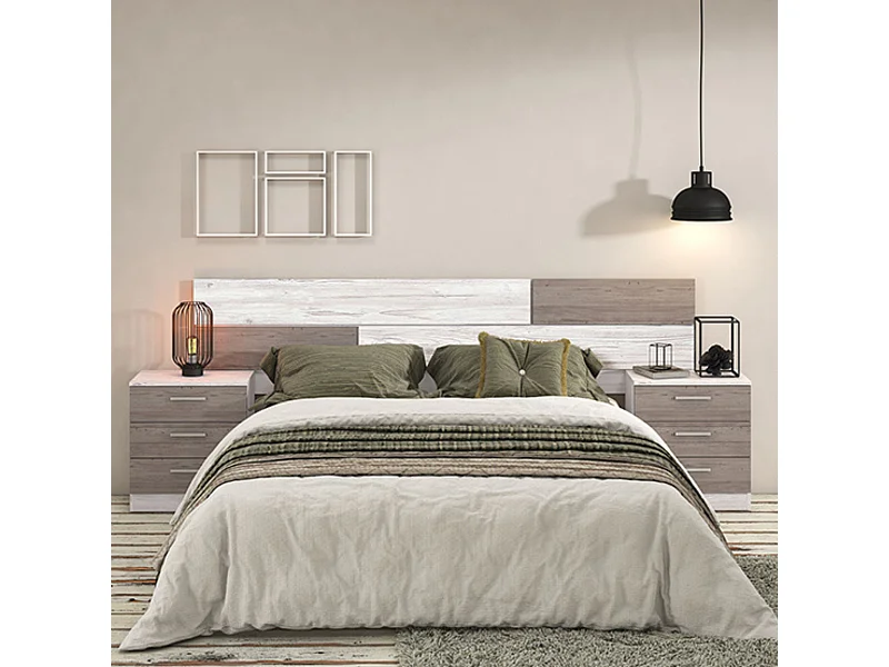 Pack Cabecero y 2 Mesitas de Noche, Dormitorio Doble, Dormitorio Completo, Acabado Pino Gris, 220 cm (An)x50 cm(Al)x 35 cm(Fon) - Meyvaser