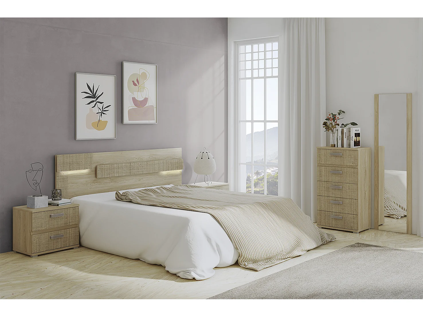 Conjunto Cabecero con Leds y 2 Mesitas de Noche, Dormitorio Matrimonio, Dormitorio Completo, Acabado en Puccini Textil – Meyvaser