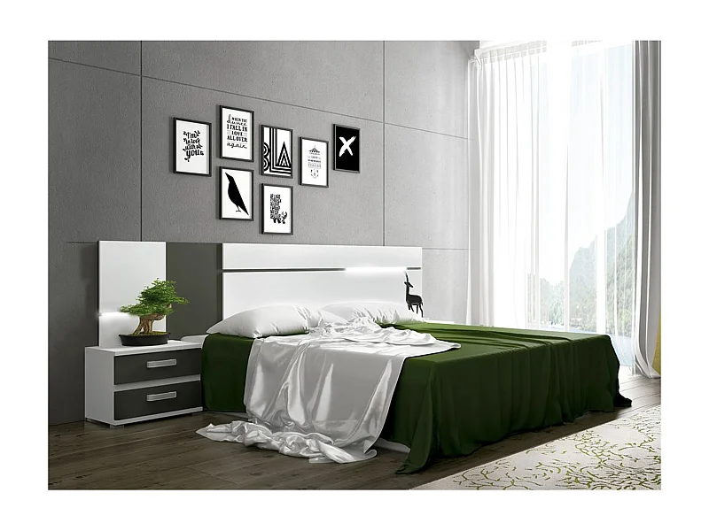 Conjunto Cabecero con Leds y 2 Mesitas de Noche, Dormitorio Matrimonio, Dormitorio Completo, Acabado en Blanco y Grafito – Meyvaser