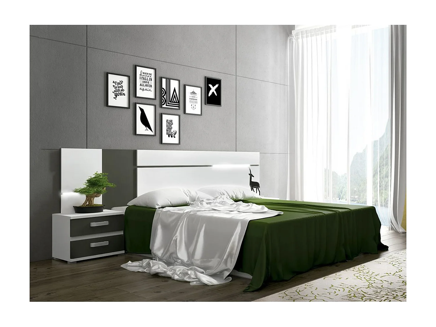 Conjunto Cabecero con Leds y 2 Mesitas de Noche, Dormitorio Matrimonio, Dormitorio Completo, Acabado en Blanco y Grafito – Meyvaser