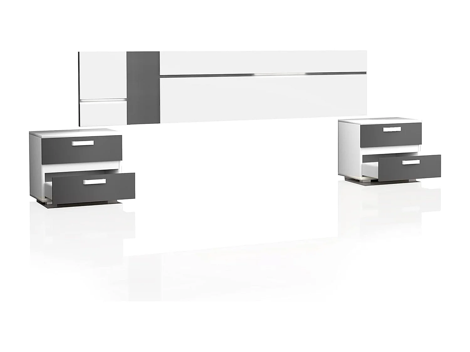 Conjunto Cabecero con Leds y 2 Mesitas de Noche, Dormitorio Matrimonio, Dormitorio Completo, Acabado en Blanco y Grafito – Meyvaser