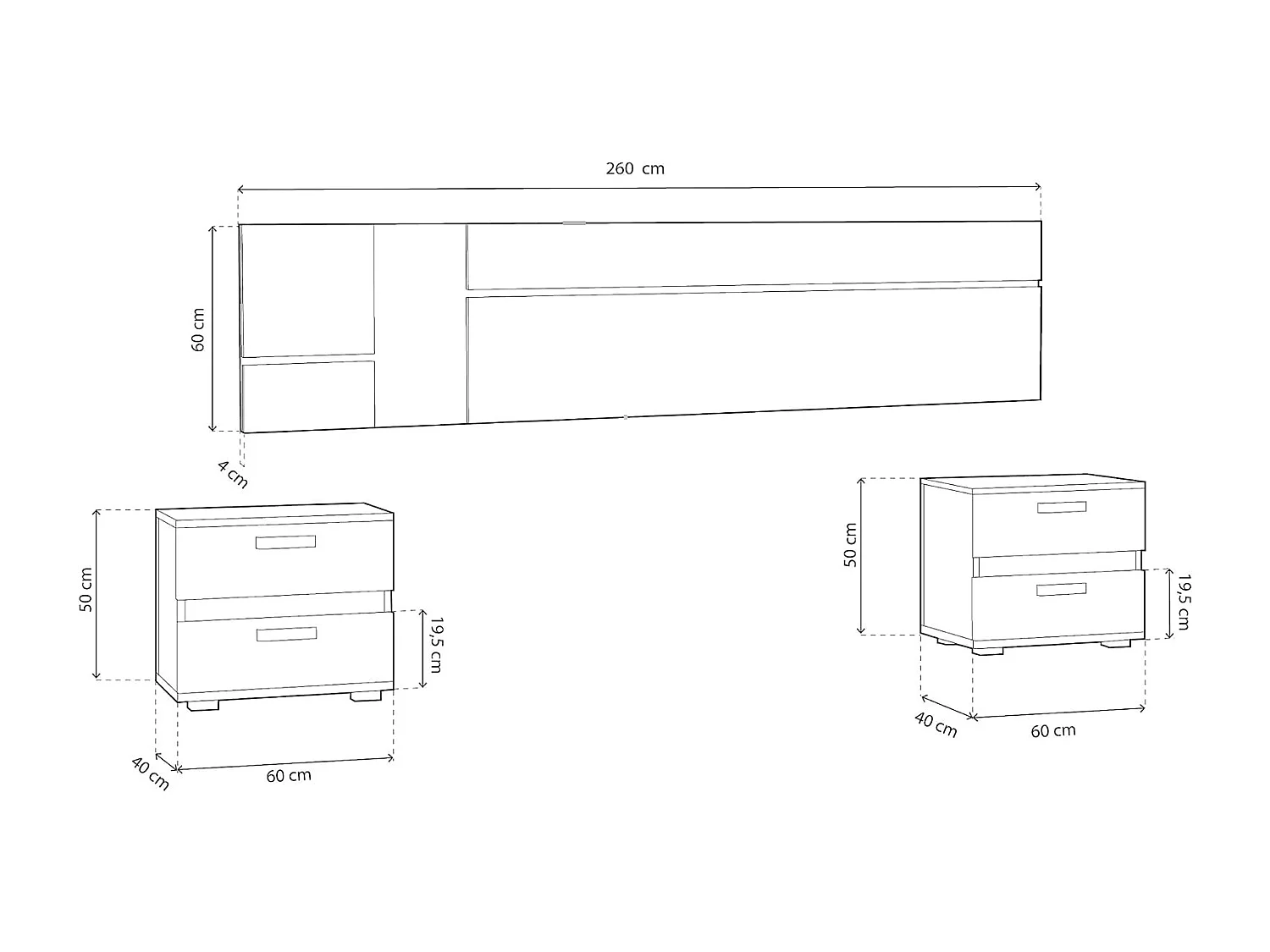 Conjunto Cabecero con Leds y 2 Mesitas de Noche, Dormitorio Matrimonio, Dormitorio Completo, Acabado en Blanco y Grafito – Meyvaser