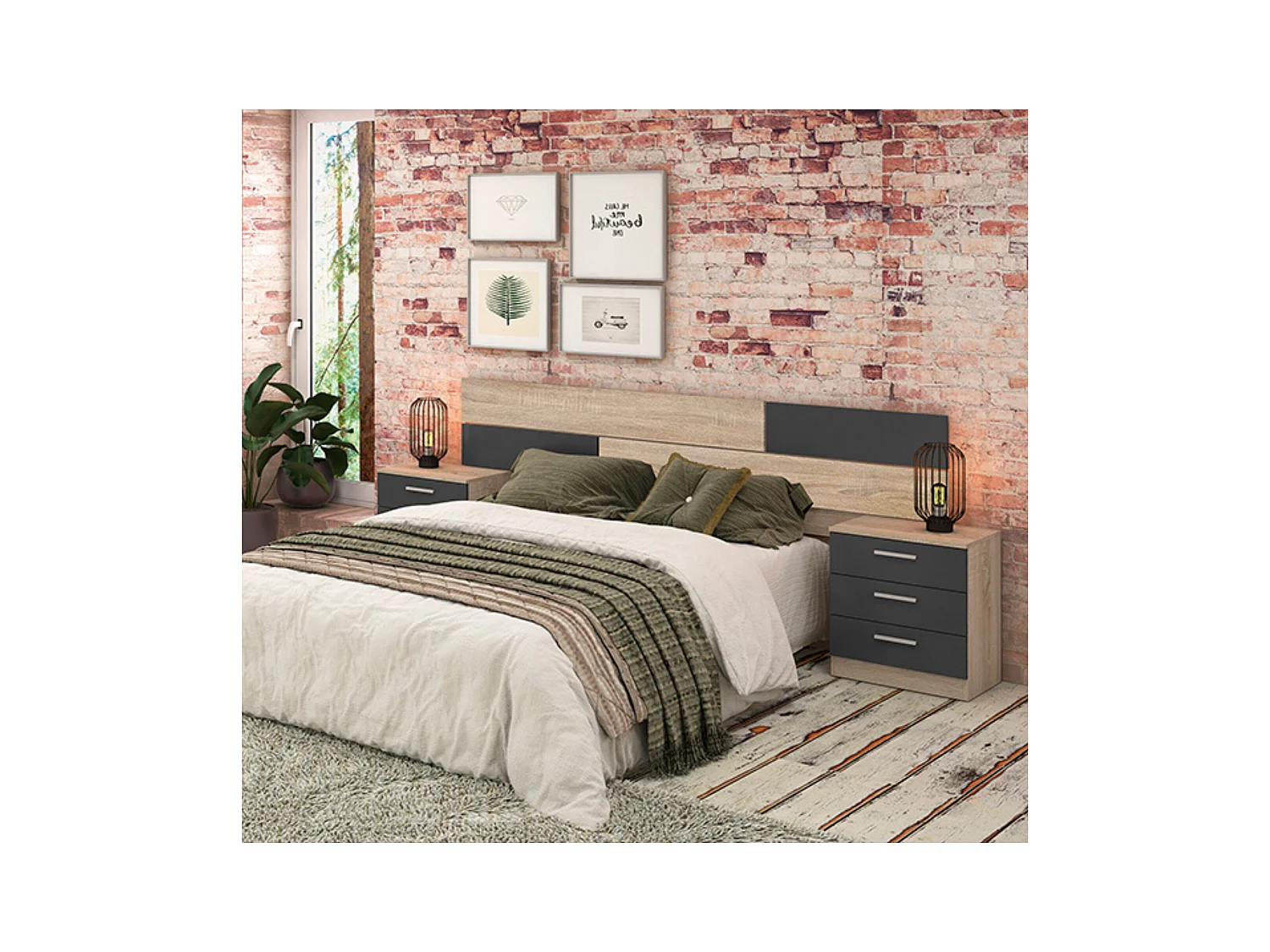 Pack Cabecero y 2 Mesitas de Noche, Dormitorio Doble, Dormitorio Completo, Acabado en Cambria y Grafito, Medidas: 220 cm (An) x 50 cm (Al) x 35 cm (Fo