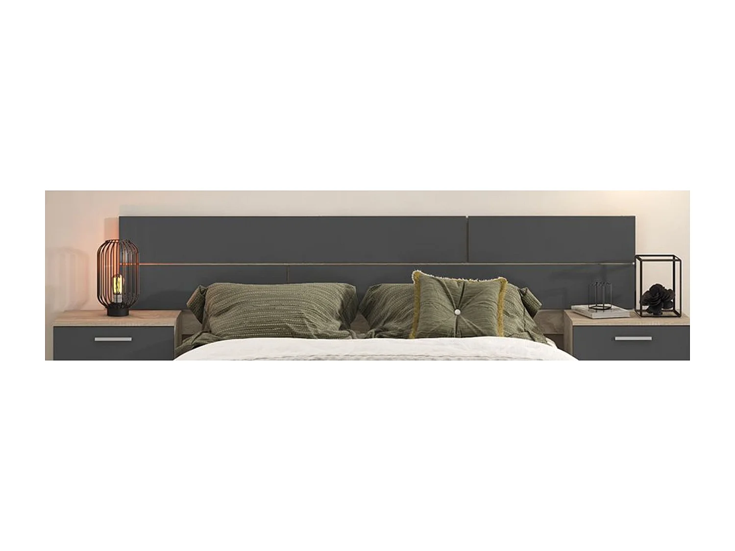 Pack Cabecero y 2 Mesitas de Noche, Dormitorio Doble, Dormitorio Completo, Acabado en Cambria y Grafito, Medidas: 220 cm (An) x 50 cm (Al) x 35 cm (Fo