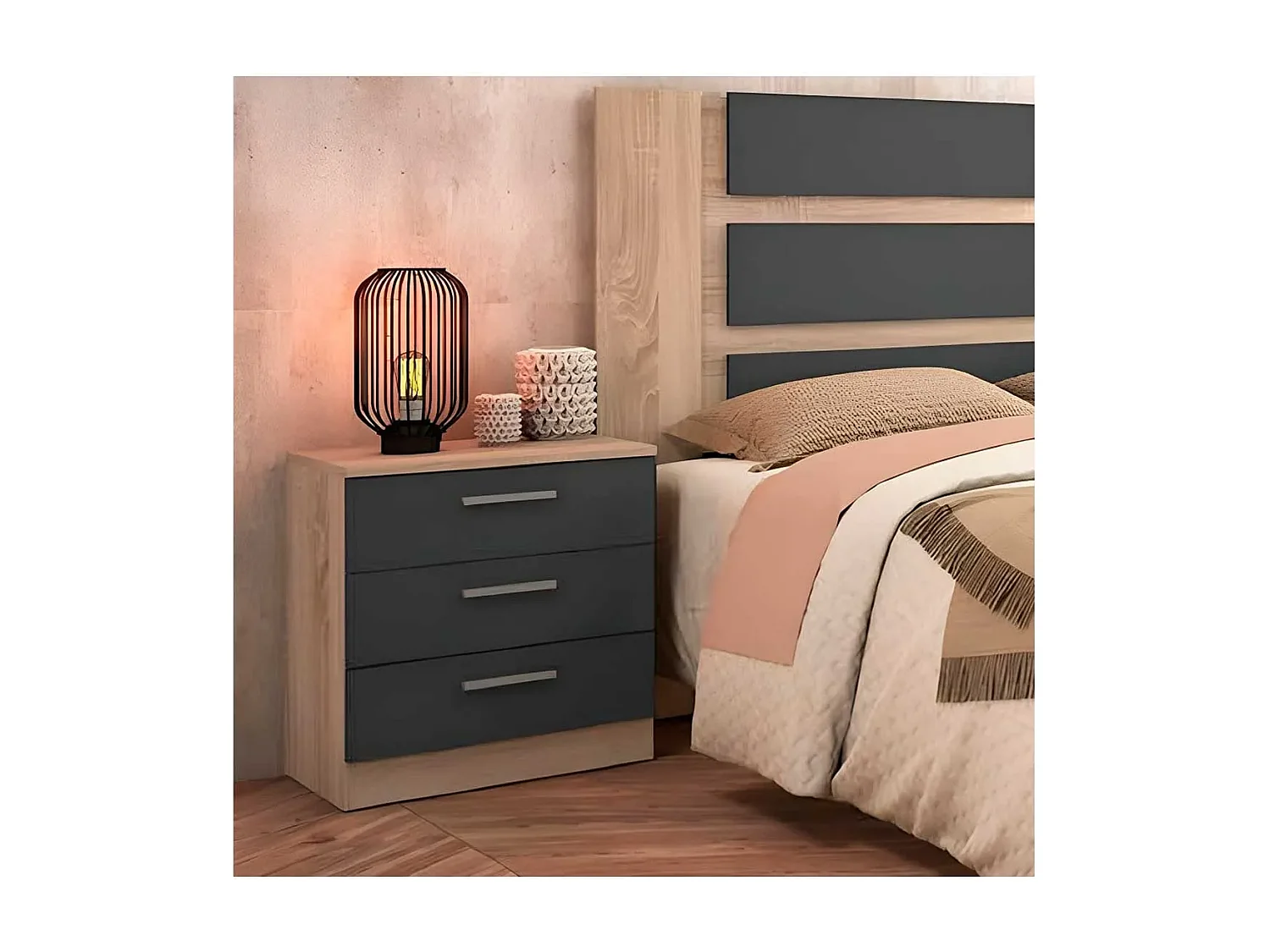 Pack Cabecero y 2 Mesitas de Noche, Dormitorio Doble, Dormitorio Completo, Acabado en Cambria y Grafito, Medidas: 220 cm (An) x 50 cm (Al) x 35 cm (Fo