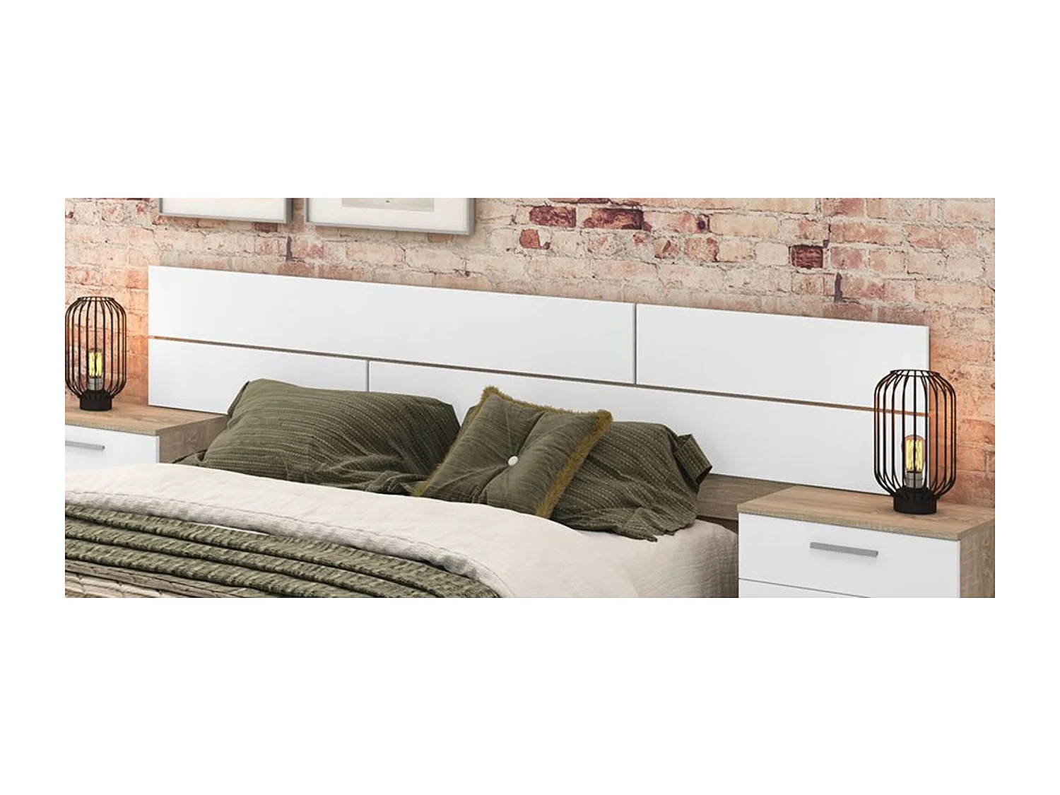 Pack Cabecero y 2 Mesitas de Noche, Dormitorio Doble, Dormitorio Completo, Acabado en Cambria y Blanco, 220 cm (An)x50 cm(Al)x 35 cm(Fon) - Meyvaser