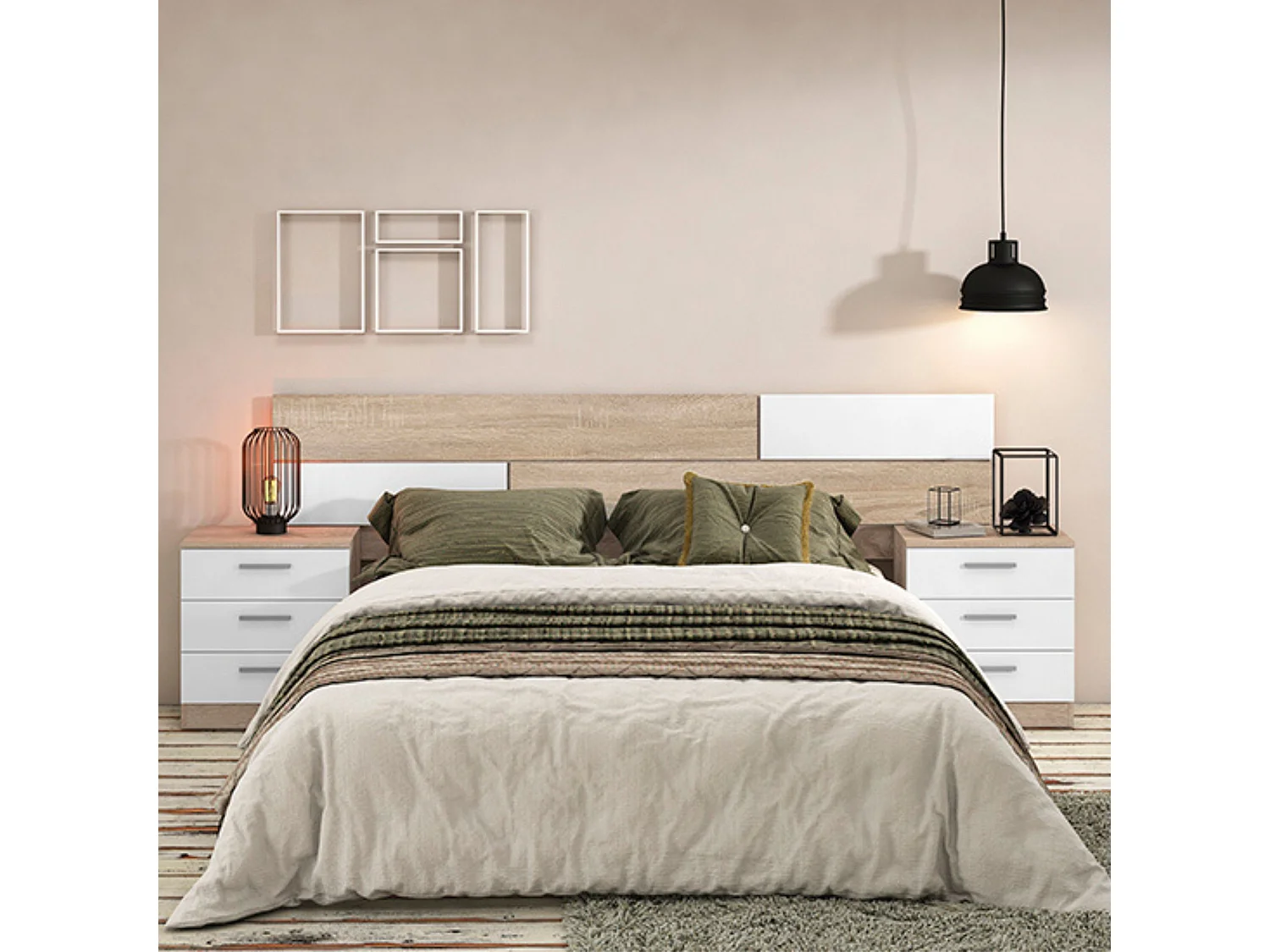 Pack Cabecero y 2 Mesitas de Noche, Dormitorio Doble, Dormitorio Completo, Acabado en Cambria y Blanco, 220 cm (An)x50 cm(Al)x 35 cm(Fon) - Meyvaser