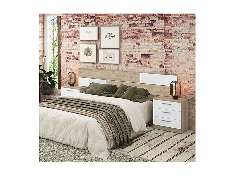 Pack Cabecero y 2 Mesitas de Noche, Dormitorio Doble, Dormitorio Completo, Acabado en Cambria y Blanco, 220 cm (An)x50 cm(Al)x 35 cm(Fon) - Meyvaser