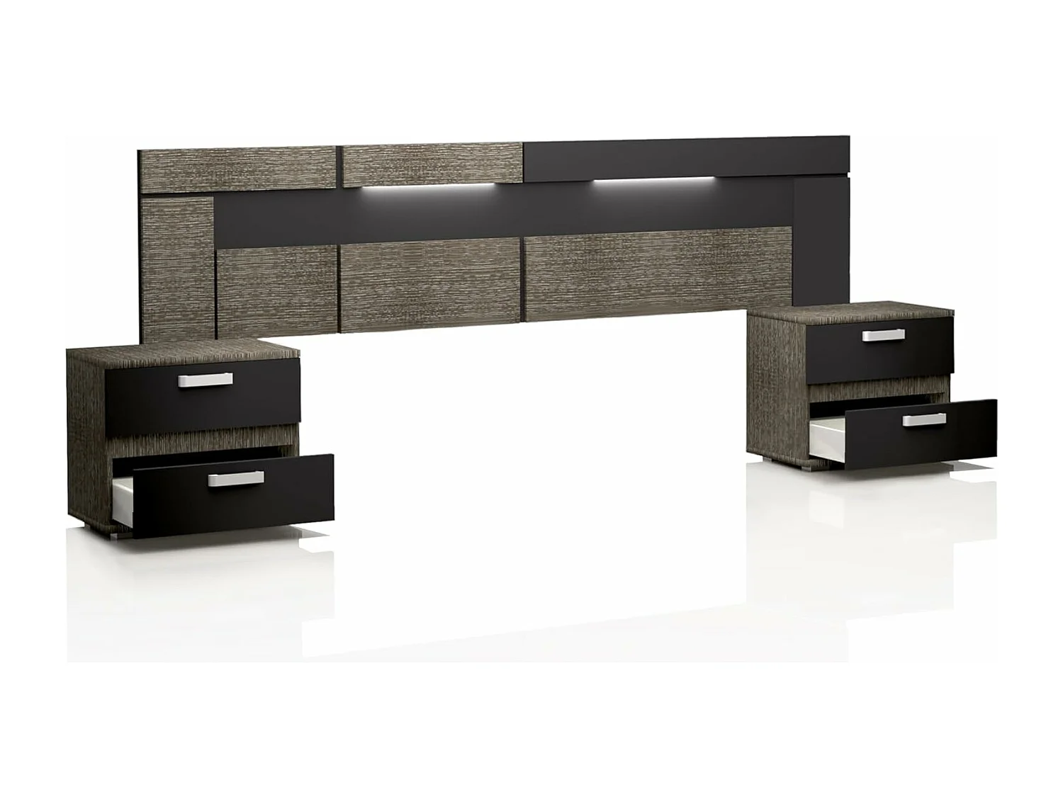 Conjunto Cabecero con Leds y 2 Mesitas de Noche, Dormitorio Matrimonio, Dormitorio Completo, Acabado en Ceniza Negro – Meyvaser
