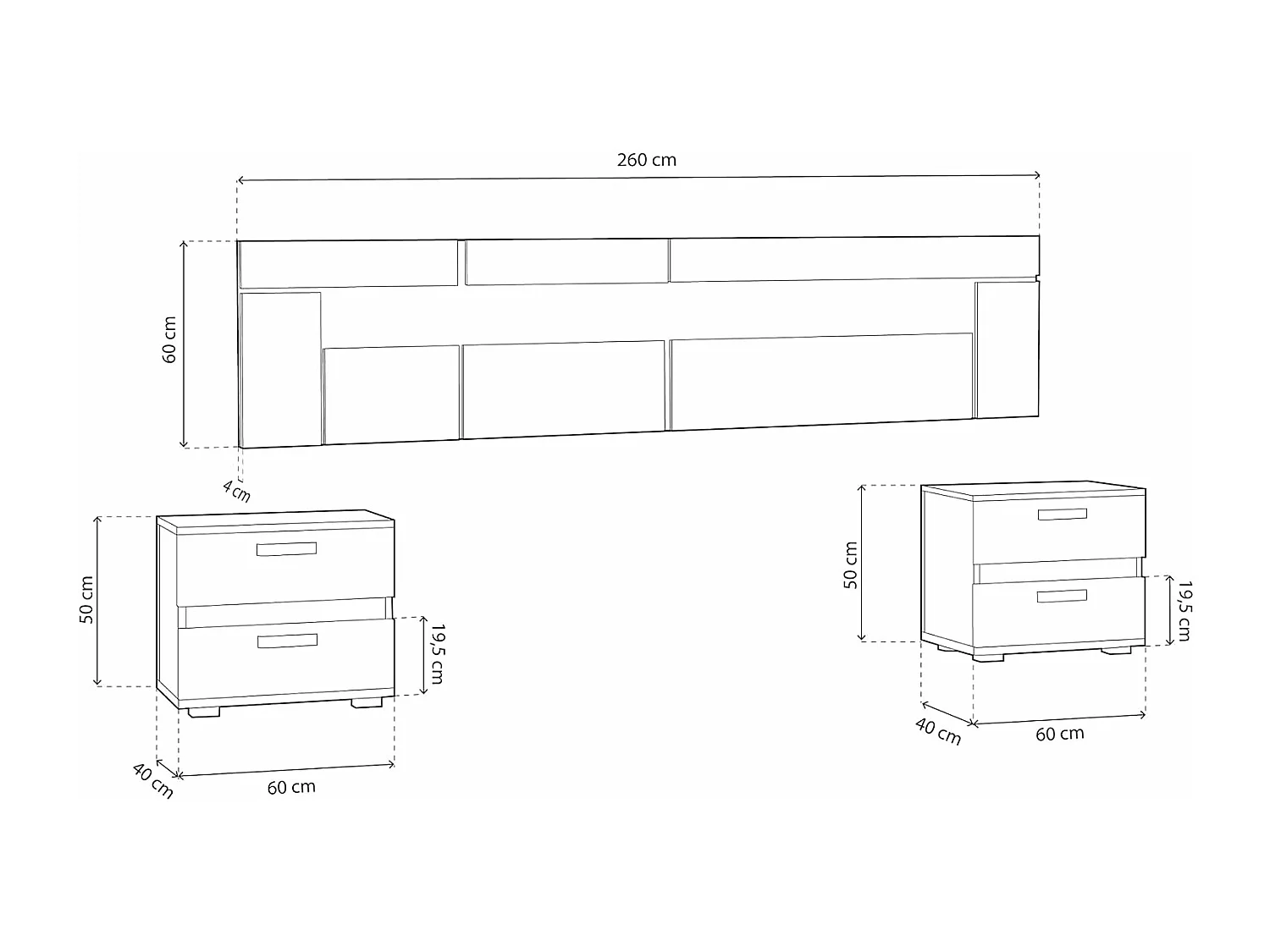 Conjunto Cabecero con Leds y 2 Mesitas de Noche, Dormitorio Matrimonio, Dormitorio Completo, Acabado en Ceniza Negro – Meyvaser