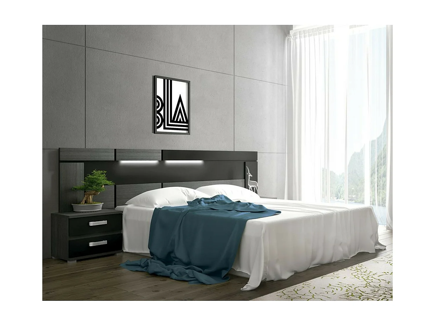 Conjunto Cabecero con Leds y 2 Mesitas de Noche, Dormitorio Matrimonio, Dormitorio Completo, Acabado en Ceniza Negro – Meyvaser