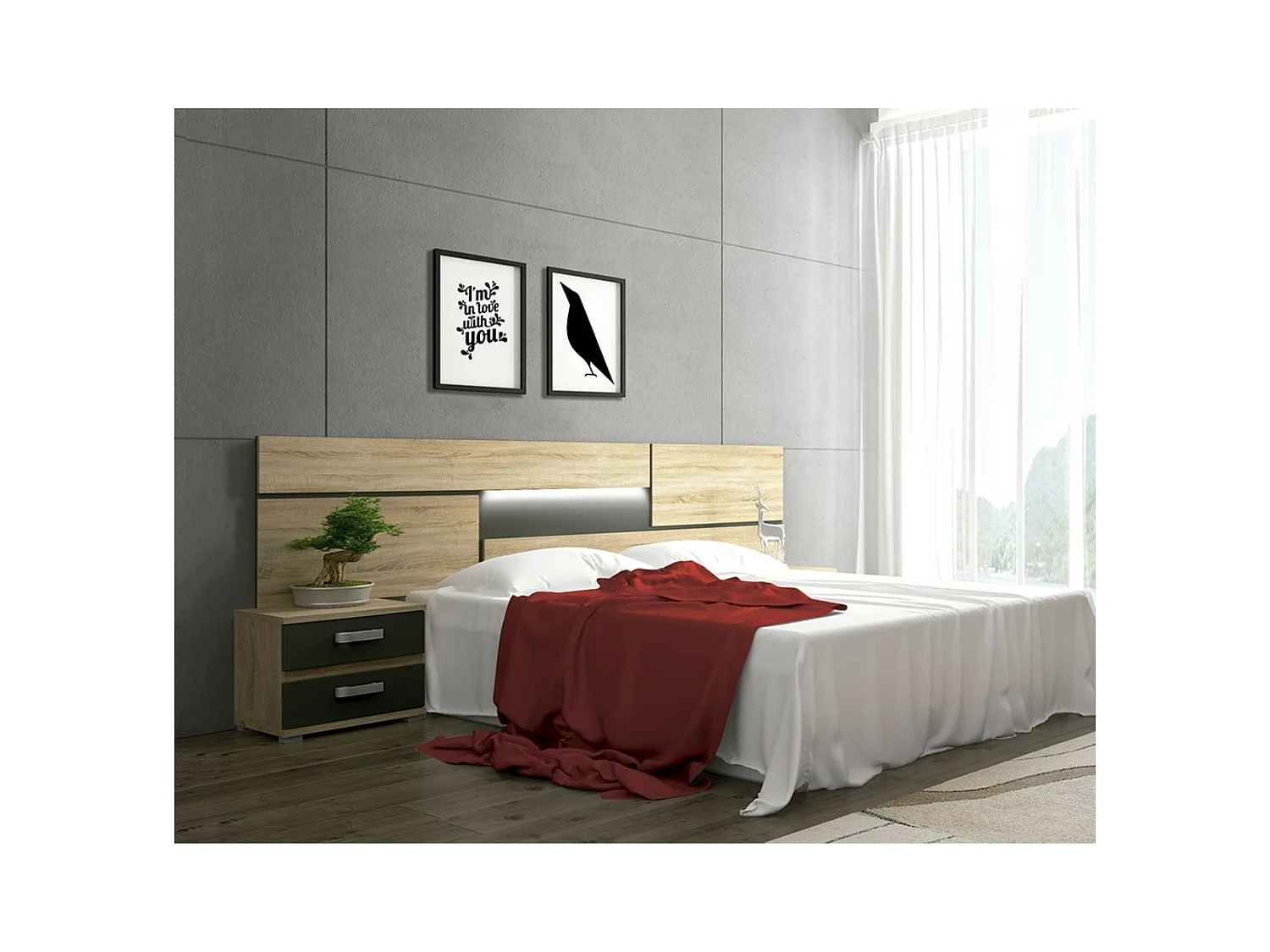 Conjunto Cabecero con Leds y 2 Mesitas de Noche, Dormitorio Matrimonio, Dormitorio Completo, Acabado en Cambrian y Negro – Meyvaser