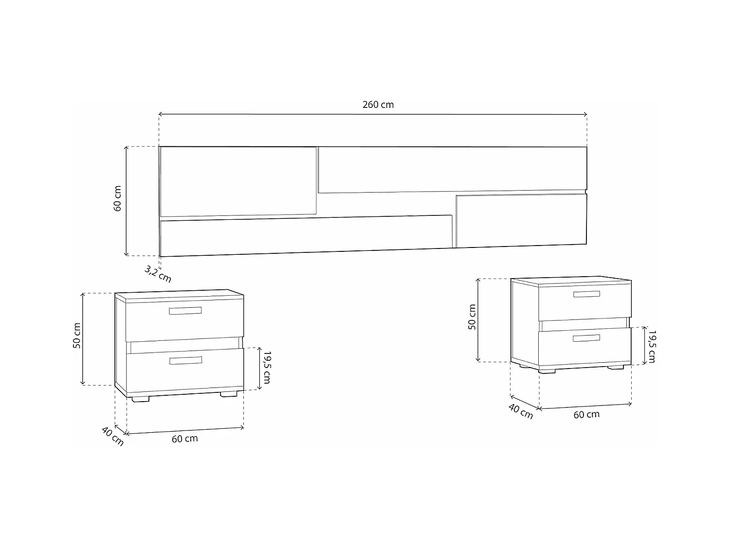 Conjunto Cabecero con Leds y 2 Mesitas de Noche, Dormitorio Matrimonio, Dormitorio Completo, Acabado en Cambrian y Negro – Meyvaser