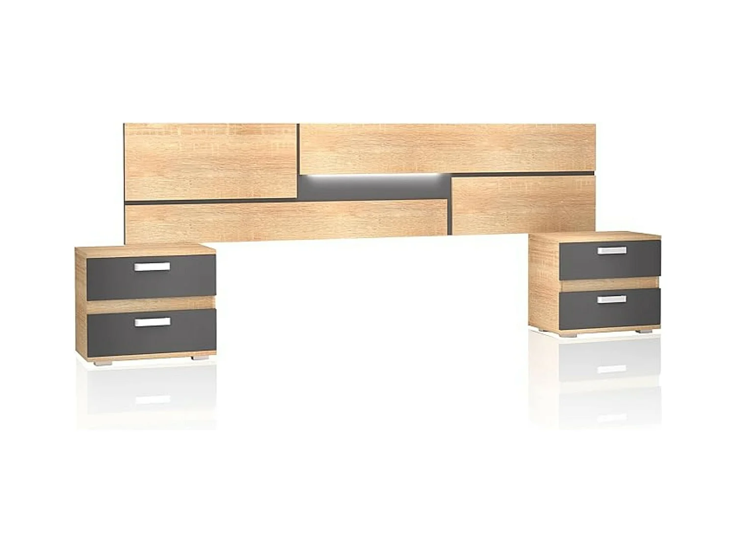 Conjunto Cabecero con Leds y 2 Mesitas de Noche, Dormitorio Matrimonio, Dormitorio Completo, Acabado en Cambrian y Negro – Meyvaser