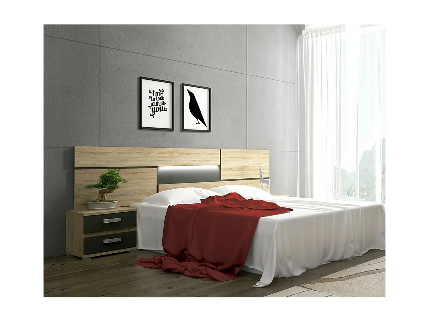 Conjunto Cabecero con Leds y 2 Mesitas de Noche, Dormitorio Matrimonio, Dormitorio Completo, Acabado en Cambrian y Negro – Meyvaser