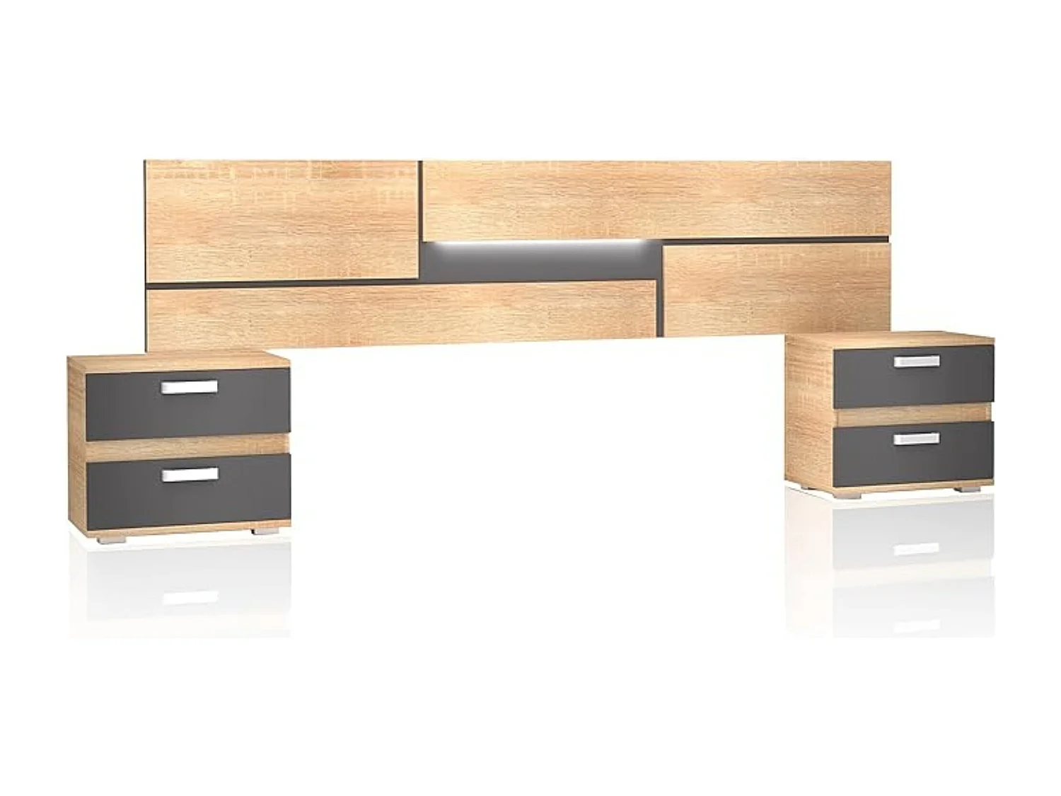 Conjunto Cabecero con Leds y 2 Mesitas de Noche, Dormitorio Matrimonio, Dormitorio Completo, Acabado en Cambrian y Negro – Meyvaser