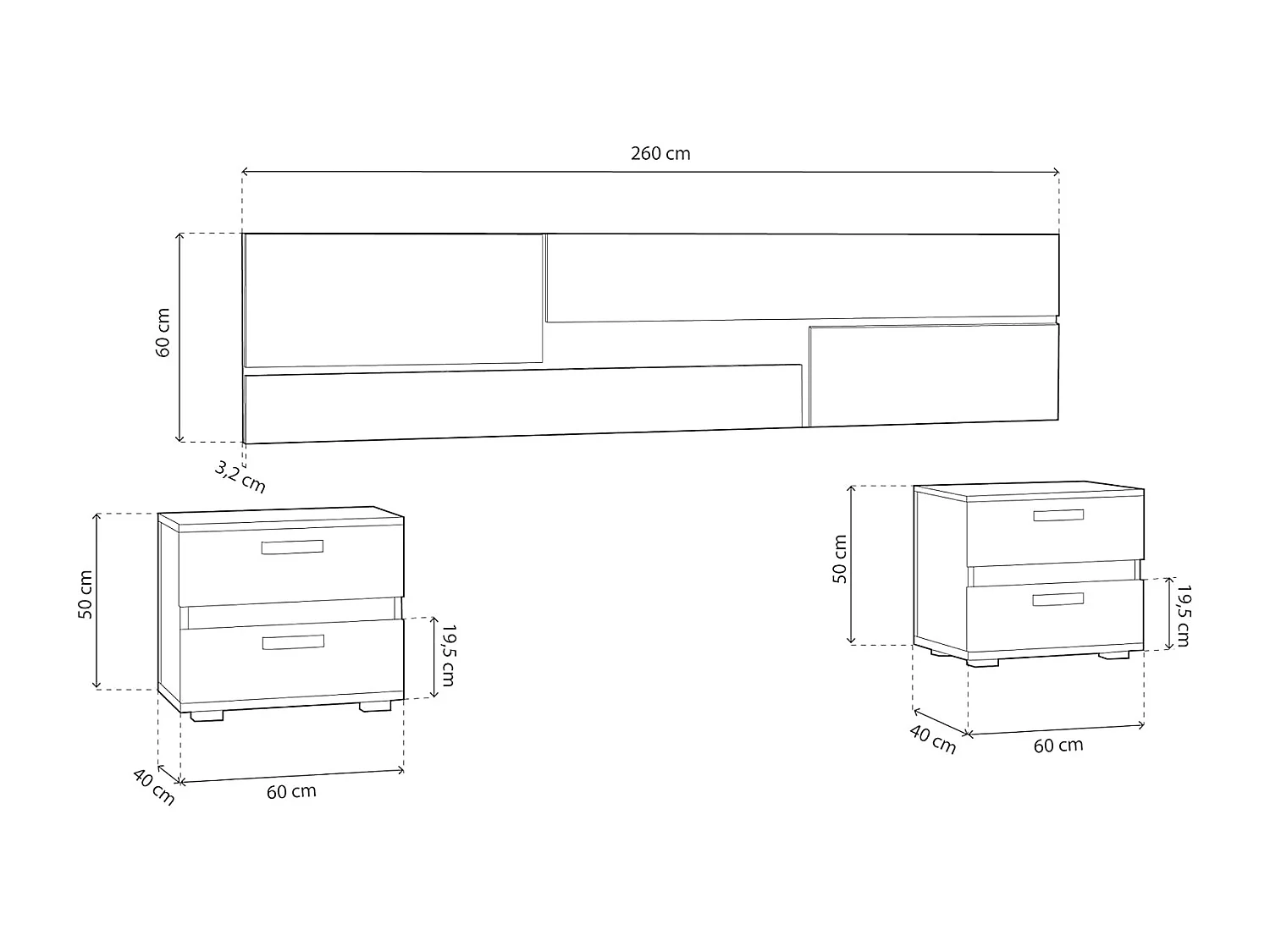 Conjunto Cabecero con Leds y 2 Mesitas de Noche, Dormitorio Matrimonio, Dormitorio Completo, Acabado en Cambrian y Negro – Meyvaser