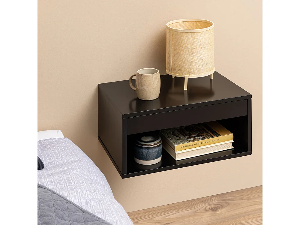 Mano - Table de chevet murale 1 niche, 1 tiroir en bois - Noir