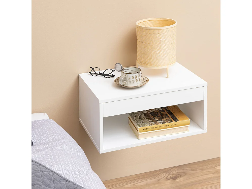 Mano - Table de chevet murale 1 niche, 1 tiroir en bois - Blanc