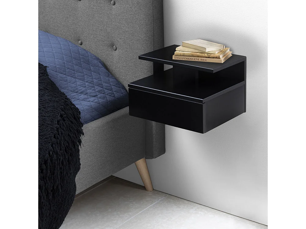 Kamichi - Table de chevet murale 1 niche, 1 tiroir en bois - Noir