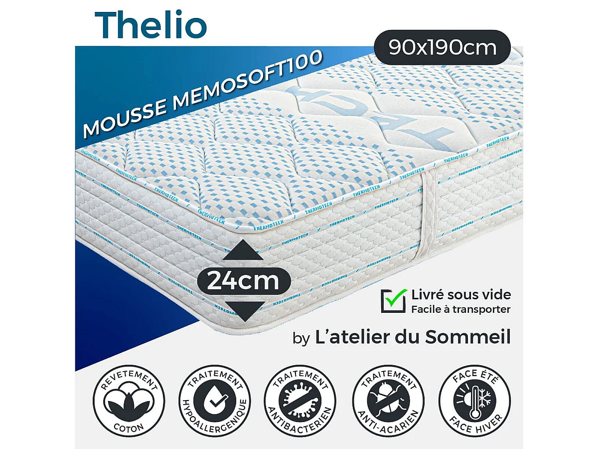 THELIO - Ensemble Matelas Mousse Ep.24cm + Sommier Tapissier Blanc 90x190 cm