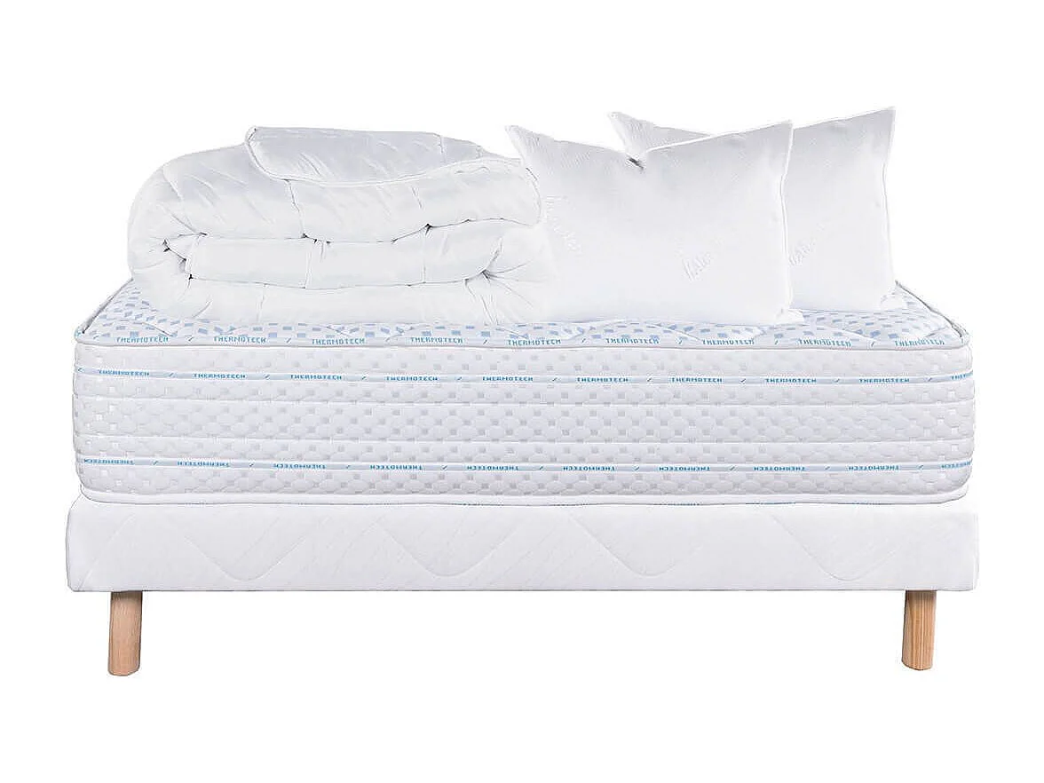 THELIO - Pack Matelas  + Sommier Tapissier Blanc 160x200 cm + 2 Oreillers + 1 Couette