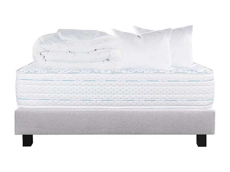 THELIO - Pack Matelas + Sommier Tapissier Gris 160x200 cm + 2 Oreillers + 1 Couette