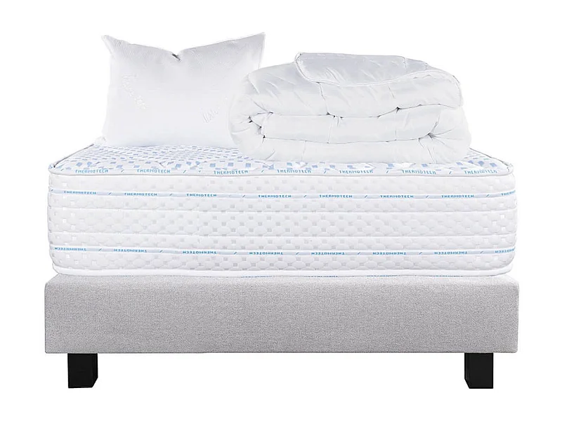 THELIO - Pack Matelas + Sommier Tapissier Gris 90x190 cm + 1 Oreiller + 1 Couette