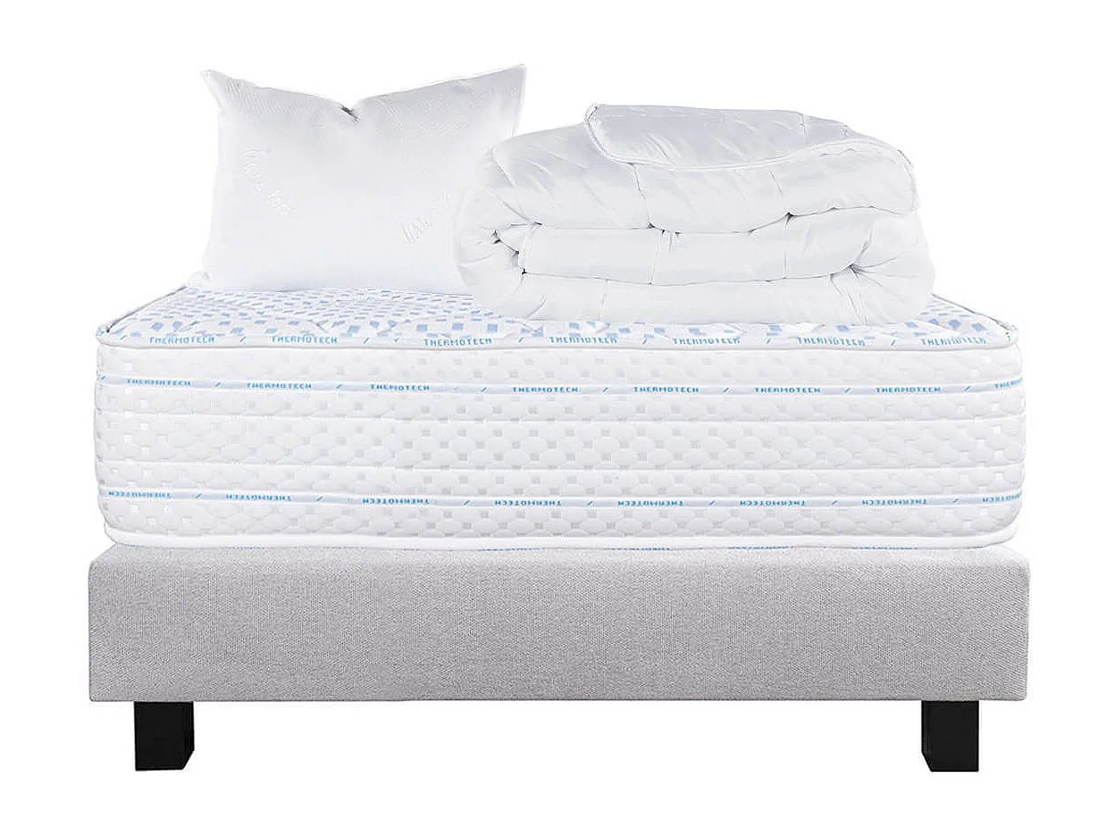 THELIO - Pack Matelas + Sommier Tapissier Gris 90x190 cm + 1 Oreiller + 1 Couette