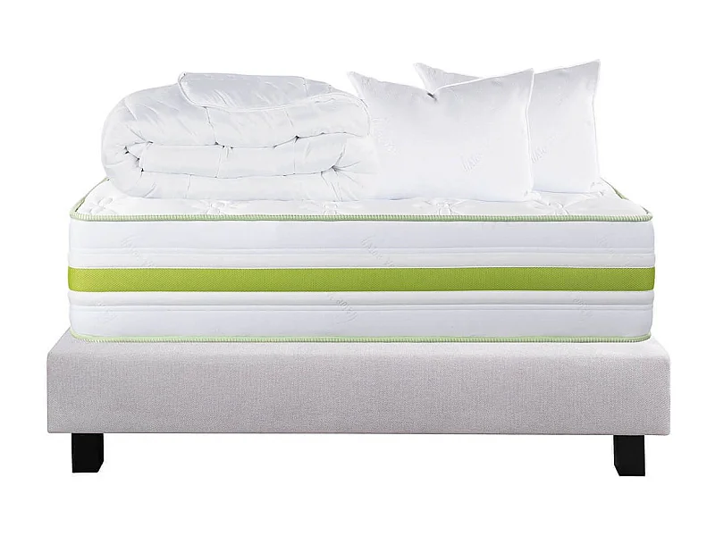 REVA - Pack Matelas + Sommier Tapissier Gris 160x200 cm + 2 Oreillers + 1 Couette