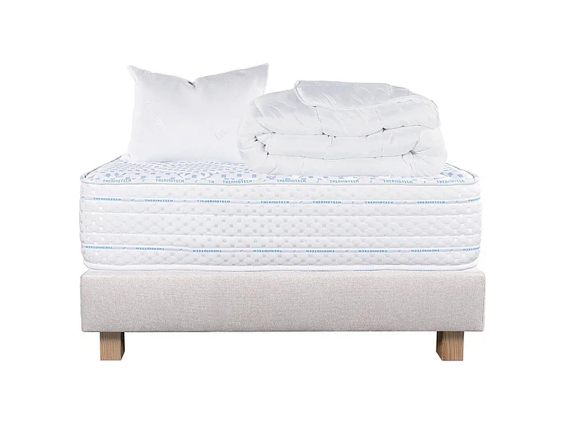 THELIO - Pack Matelas + Sommier Tapissier Beige 90x190 cm + 1 Oreiller + 1 Couette