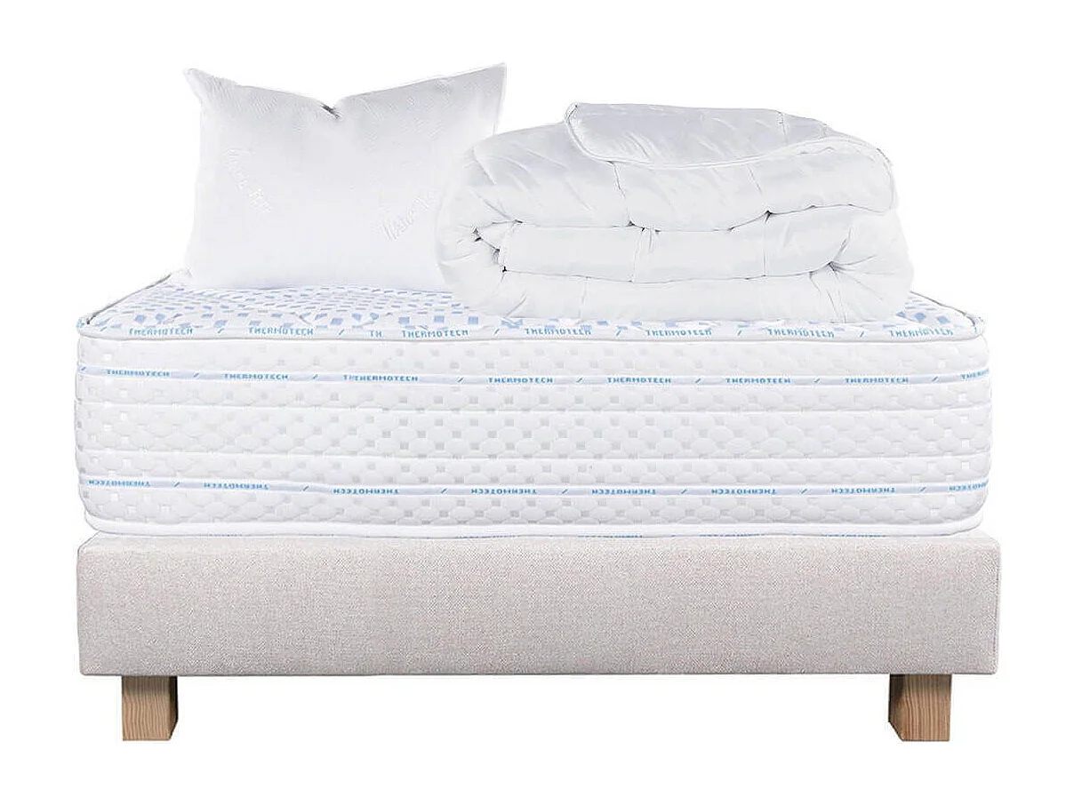 THELIO - Pack Matelas + Sommier Tapissier Beige 90x190 cm + 1 Oreiller + 1 Couette