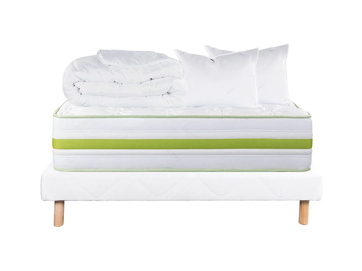 REVA - Pack Matelas + Sommier Tapissier Blanc 160x200 cm + 2 Oreillers + 1 Couette