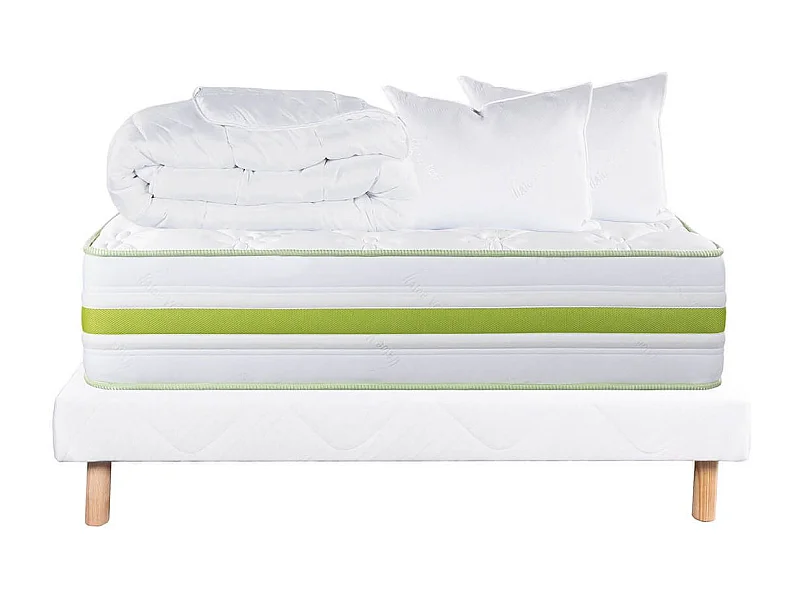 REVA - Pack Matelas + Sommier Tapissier Blanc 160x200 cm + 2 Oreillers + 1 Couette
