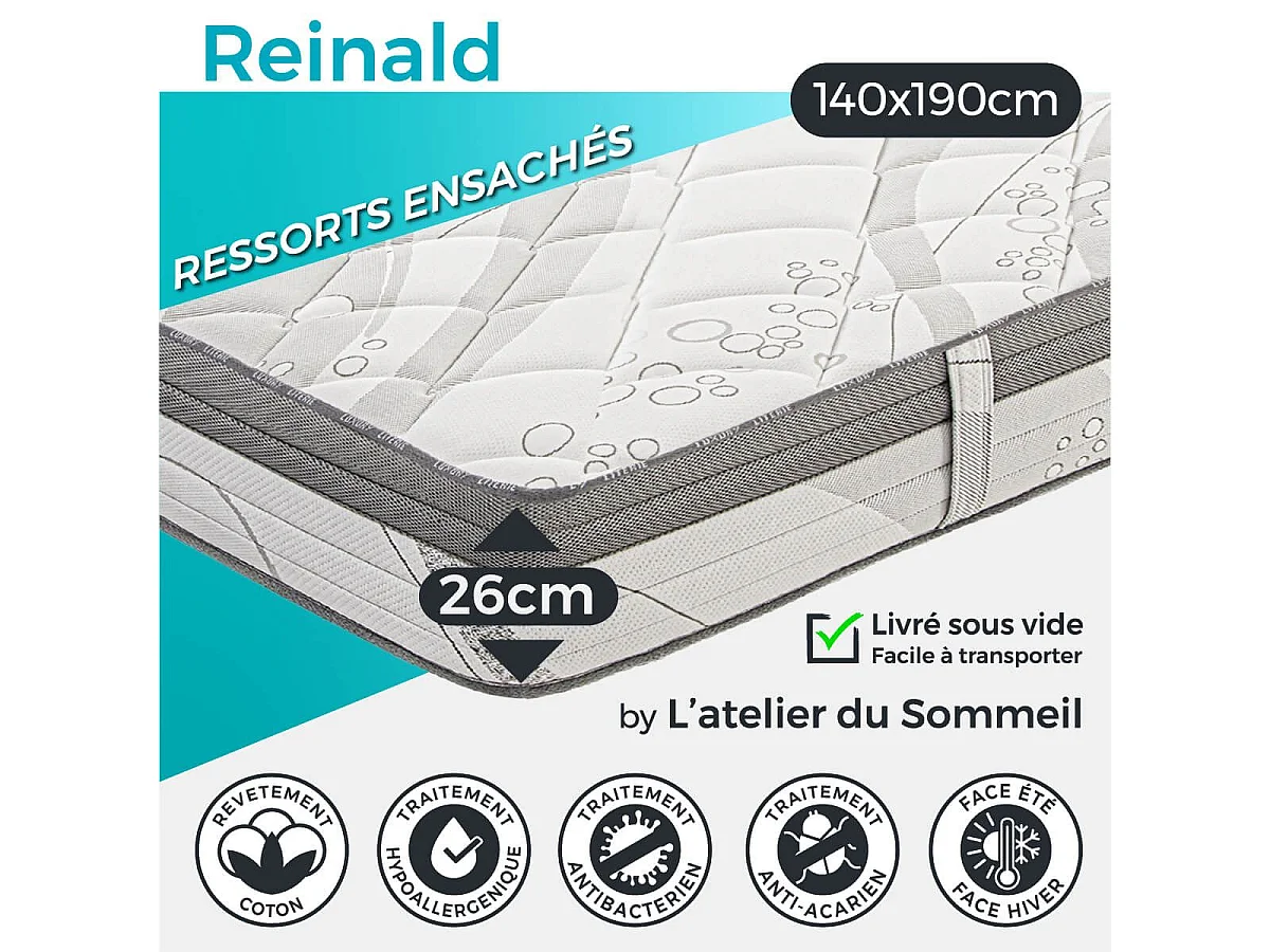 REINALD - Ensemble Matelas Ressorts Ep.26cm + Sommier Tapissier Blanc 140x190 cm