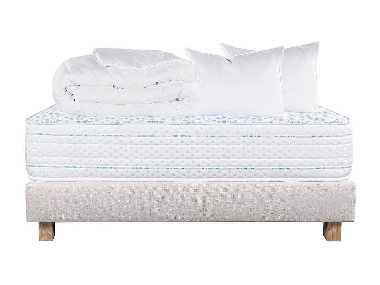 THELIO - Pack Matelas + Sommier Tapissier Beige 160x200 cm + 2 Oreillers + 1 Couette