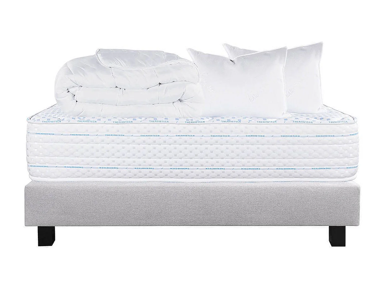 THELIO - Pack Matelas + Sommier Tapissier Gris 140x200 cm + 2 Oreillers + 1 Couette